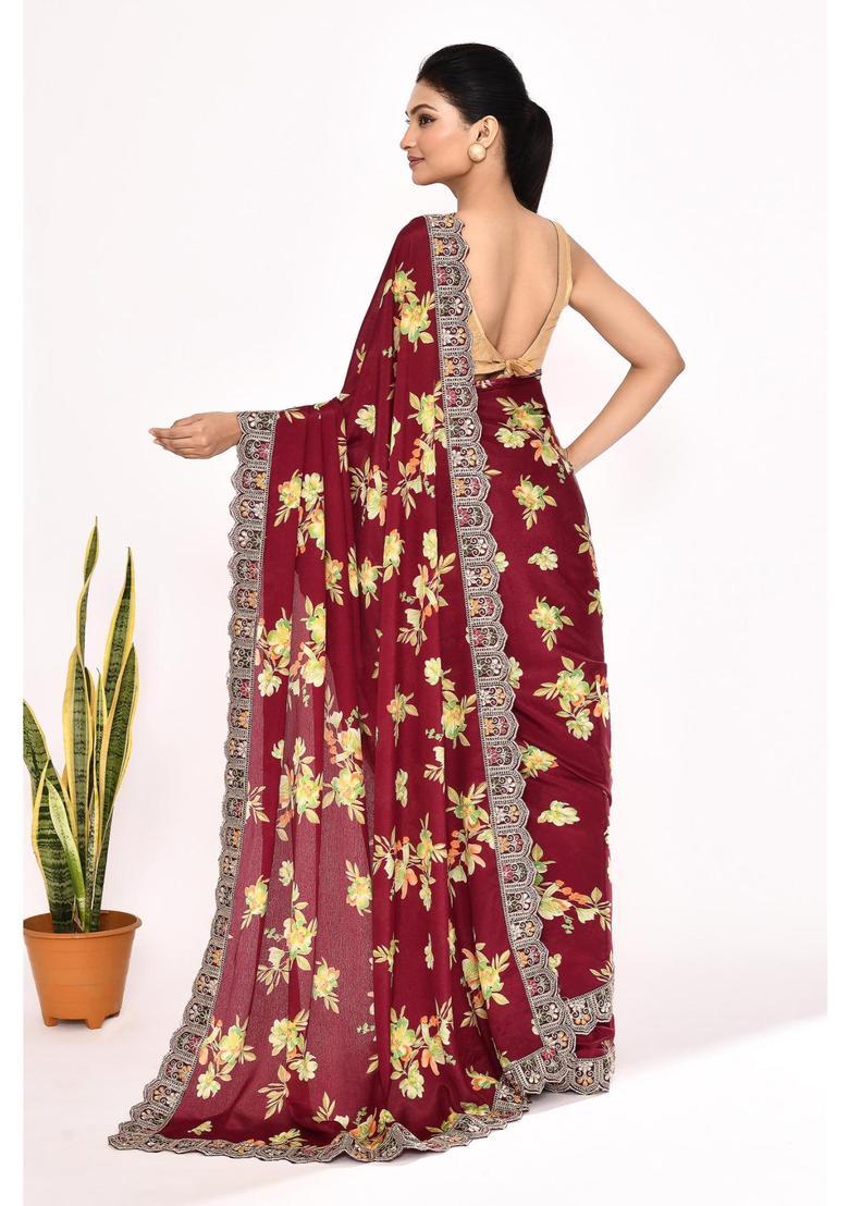 Maroon Floral Print Chinon Saree Set - Indya