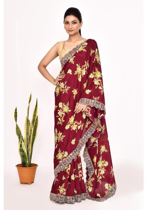Maroon Floral Print Chinon Saree Set