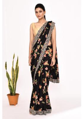 Black Floral Print Chinon Saree Set