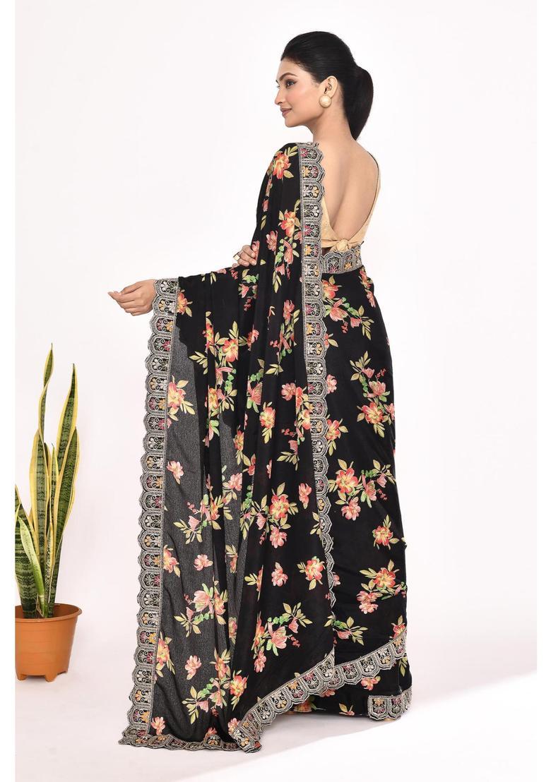 Black Floral Print Chinon Saree Set - Indya