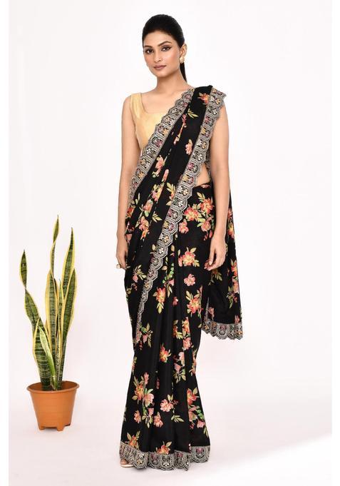 Black Floral Print Chinon Saree Set