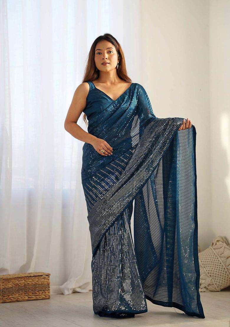 Blue Sequin Work Georgette Saree Set for Diwali and Festive Wear - Indya