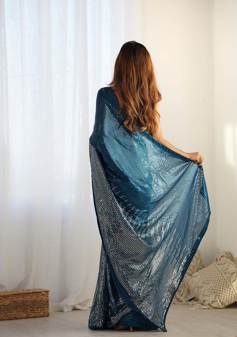 Blue Sequin Work Georgette Saree Set - Indya