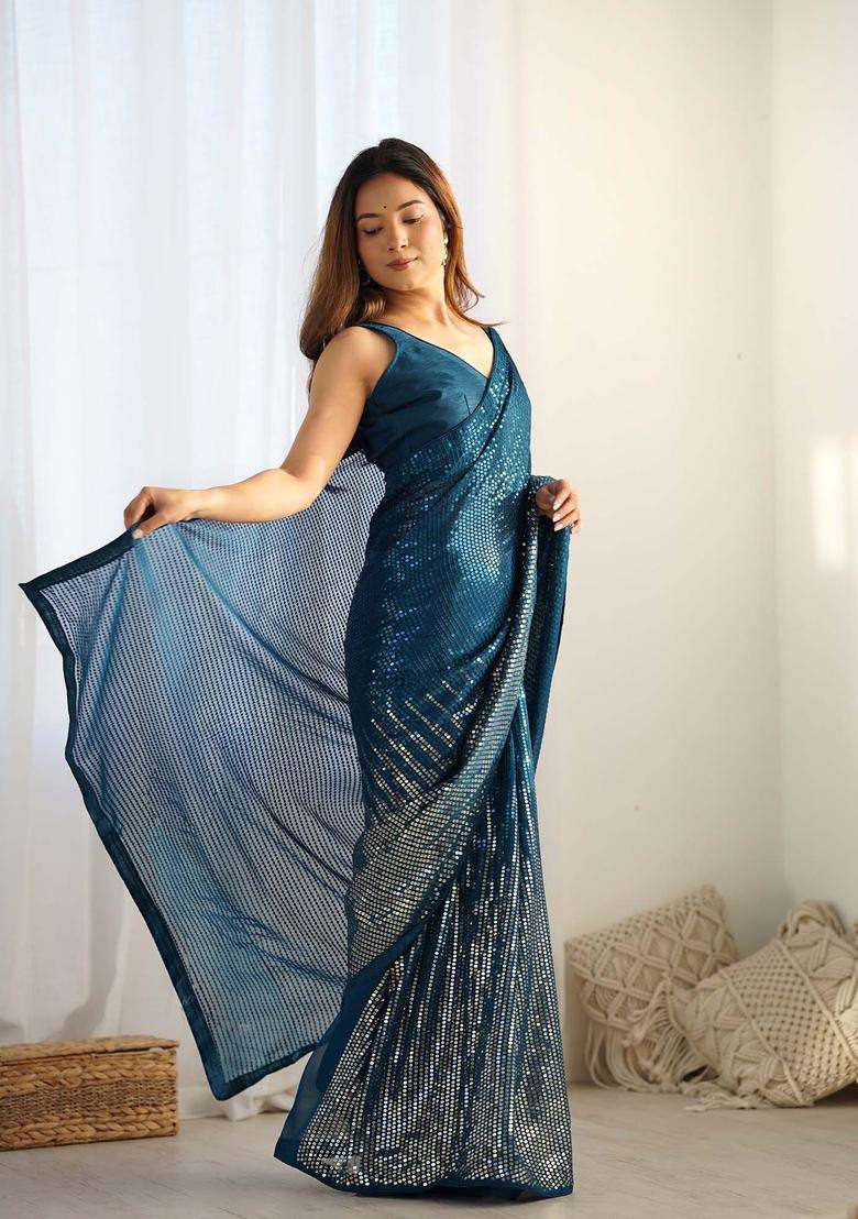 Blue Sequin Work Georgette Saree Set for Diwali and Festive Wear - Indya