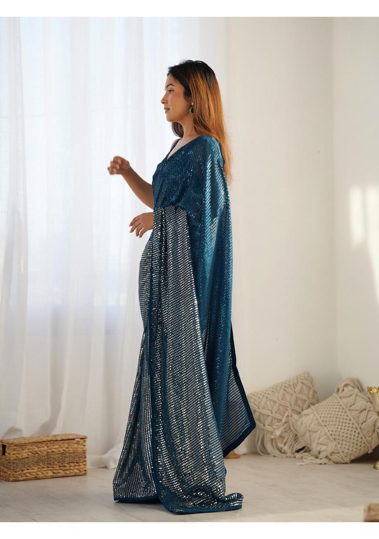 Blue Sequin Work Georgette Saree Set - Indya