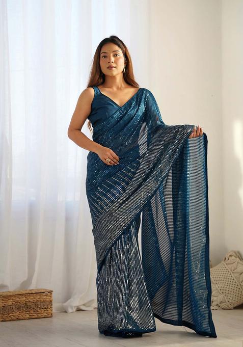 Blue Sequin Work Georgette Saree Set