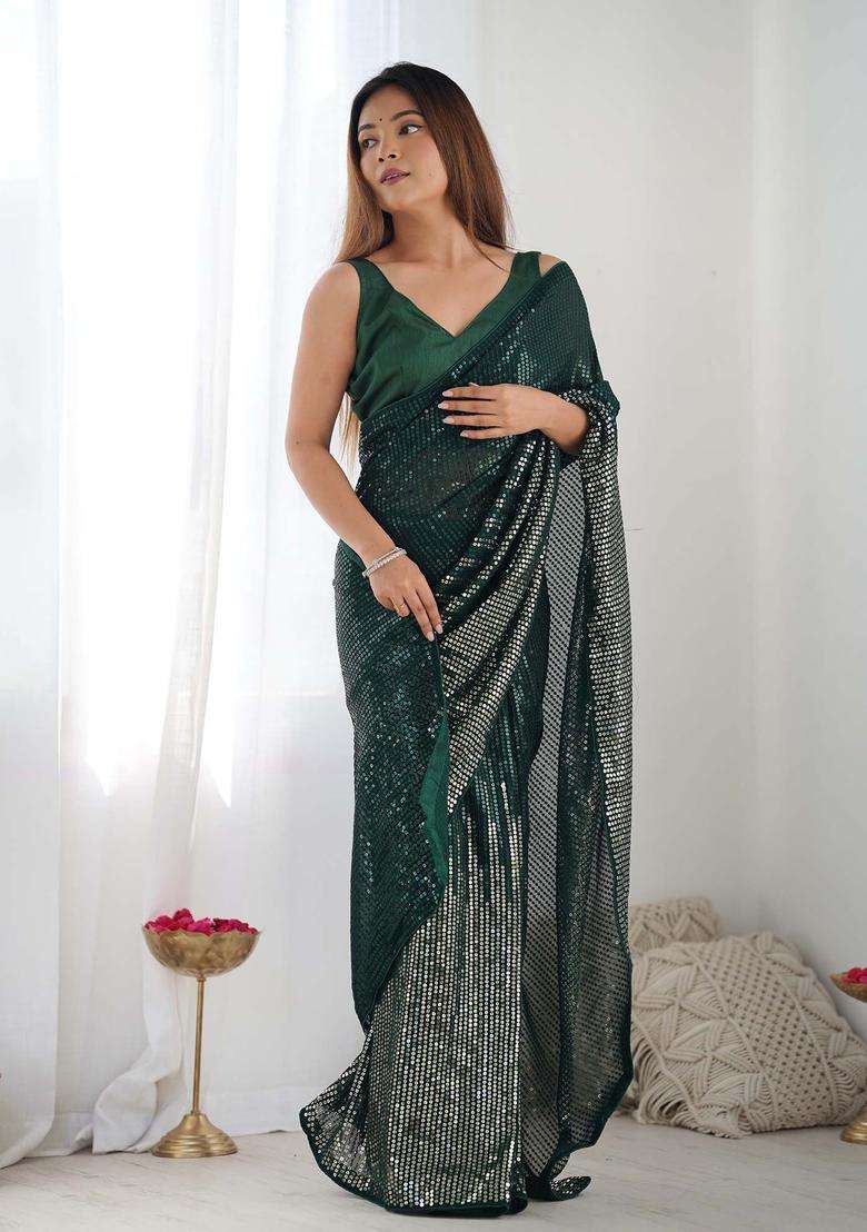 Green Sequin Work Georgette Saree Set for Diwali and Festive Wear - Indya