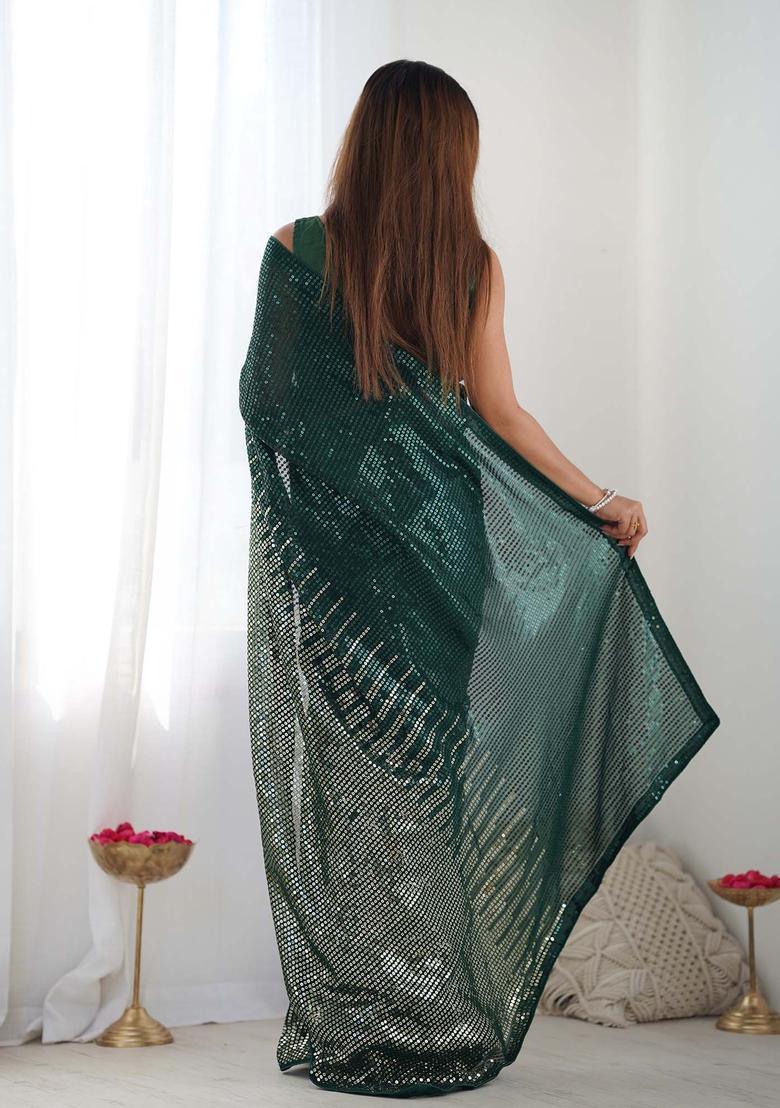 Green Sequin Work Georgette Saree Set - Indya
