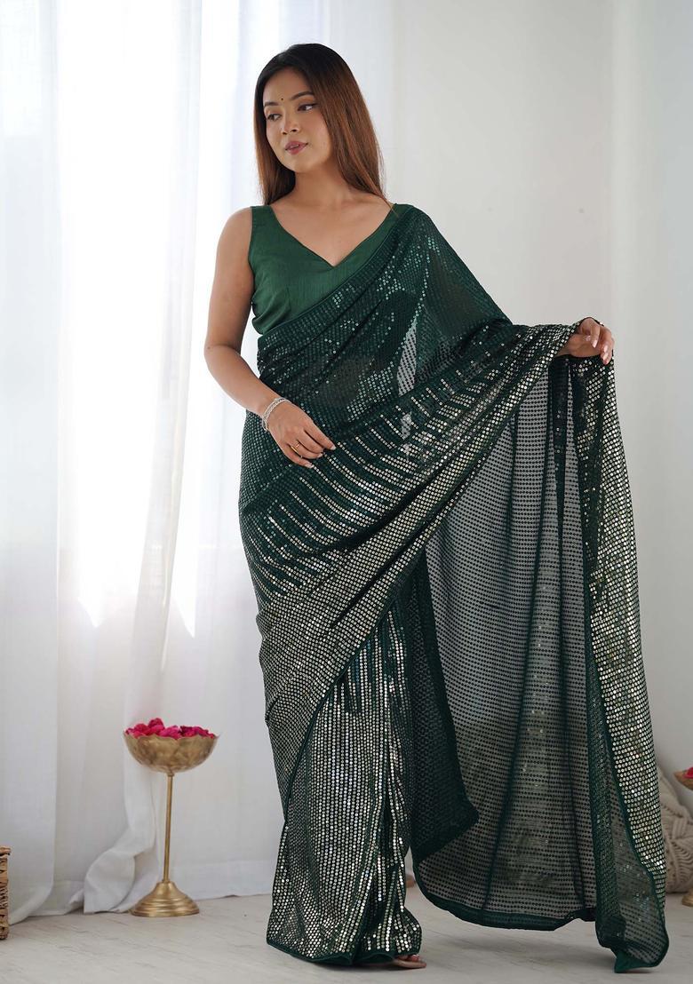 Green Sequin Work Georgette Saree Set - Indya
