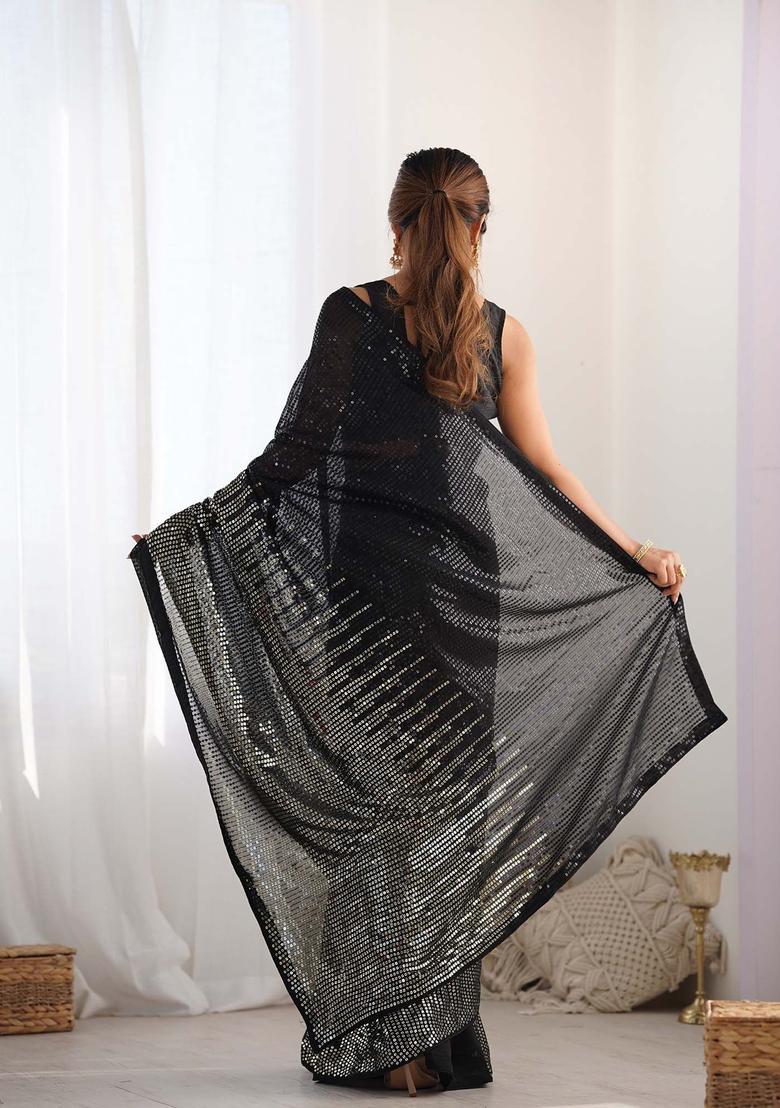Black Sequin Work Georgette Saree Set - Indya