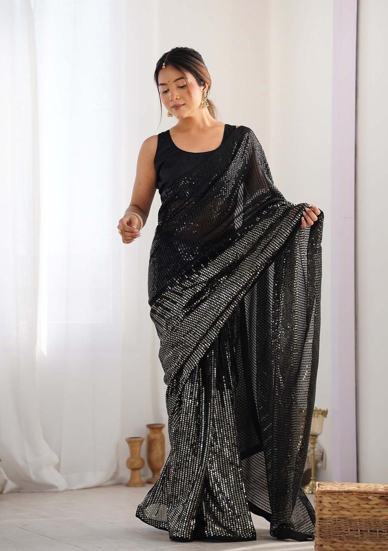 Black Sequin Work Georgette Saree Set - Indya
