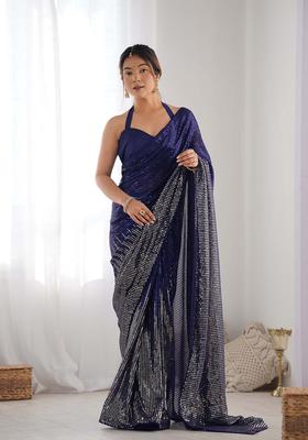 Navy Blue Sequin Work Georgette Saree Set