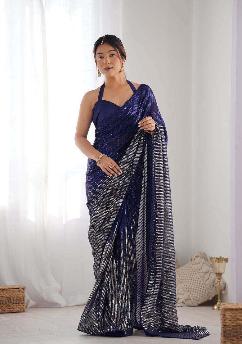 Navy Blue Work Georgette Saree Set with Sequin for Diwali | Wedding & Festive Wear - Indya