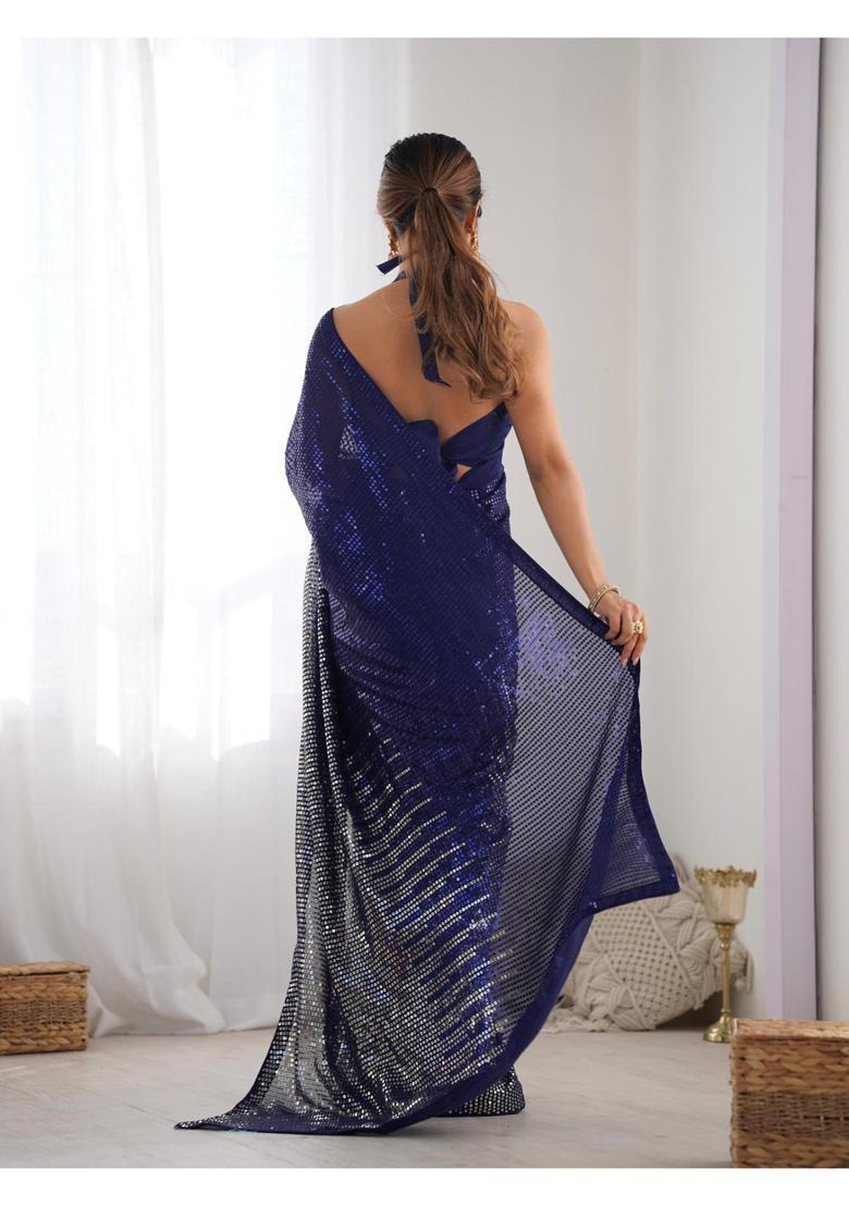 Navy Blue Sequin Work Georgette Saree Set - Indya