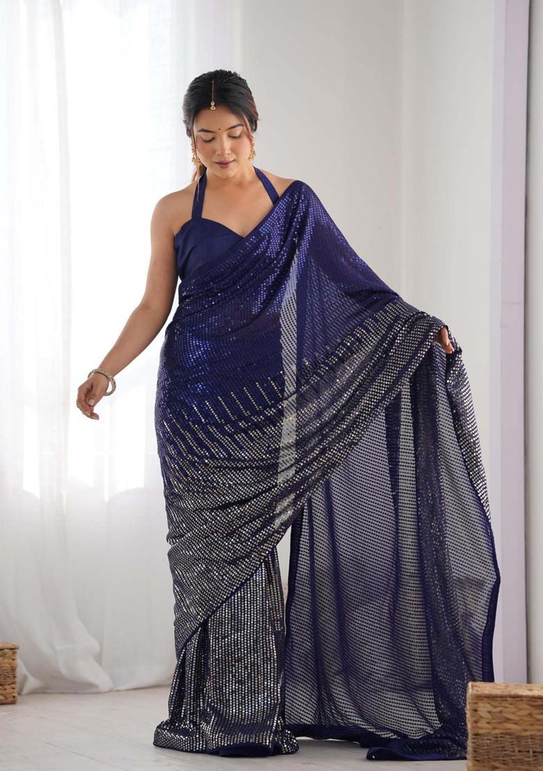 Navy Blue Sequin Work Georgette Saree Set - Indya