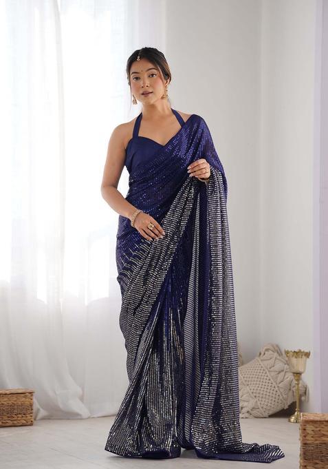 Navy Blue Sequin Work Georgette Saree Set