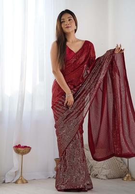 Red Sequin Work Georgette Saree Set
