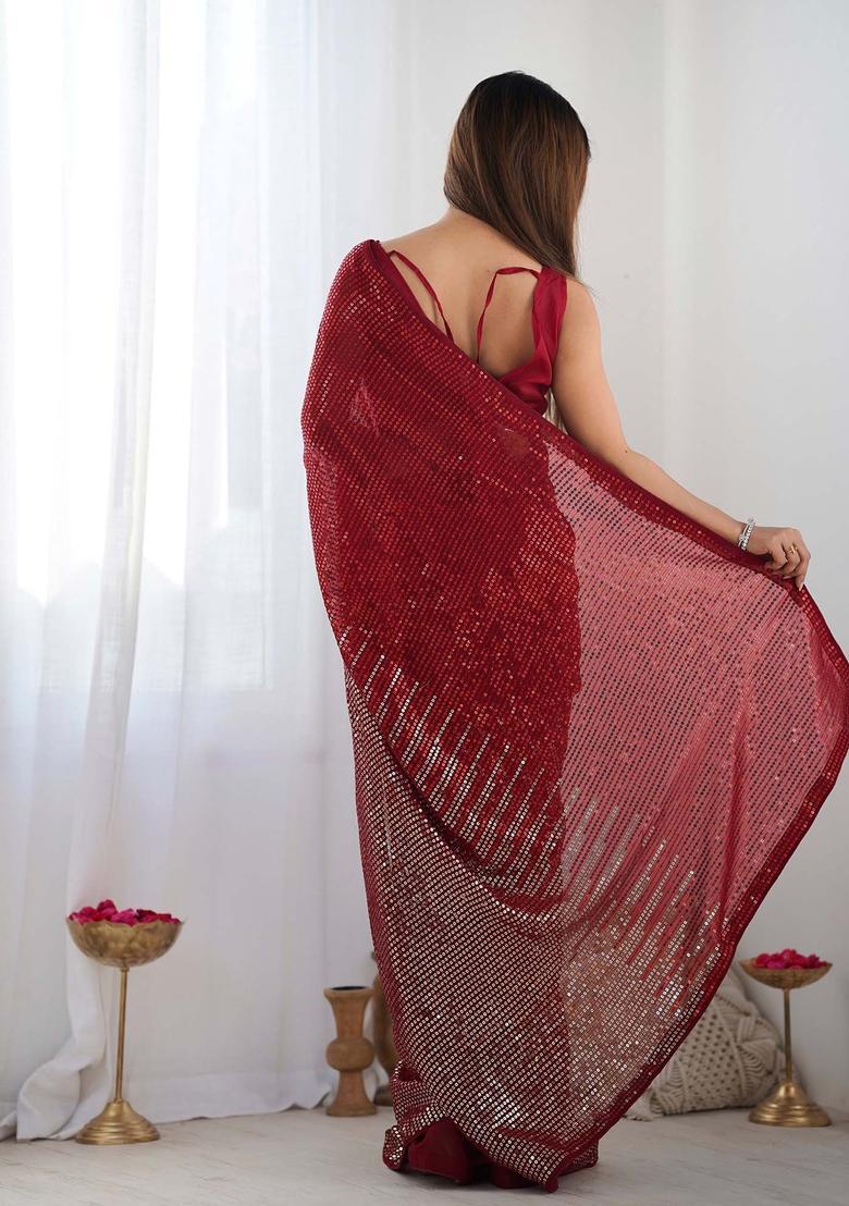 Red Sequin Work Georgette Saree Set - Indya