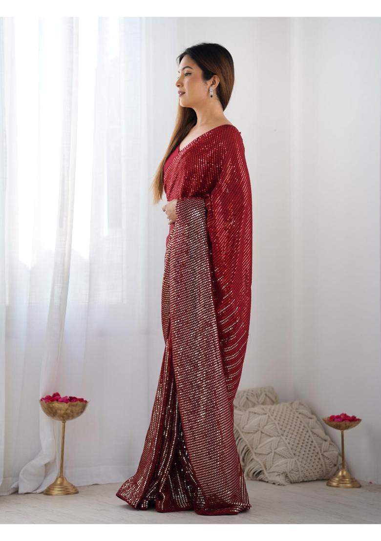 Red Sequin Work Georgette Saree Set - Indya