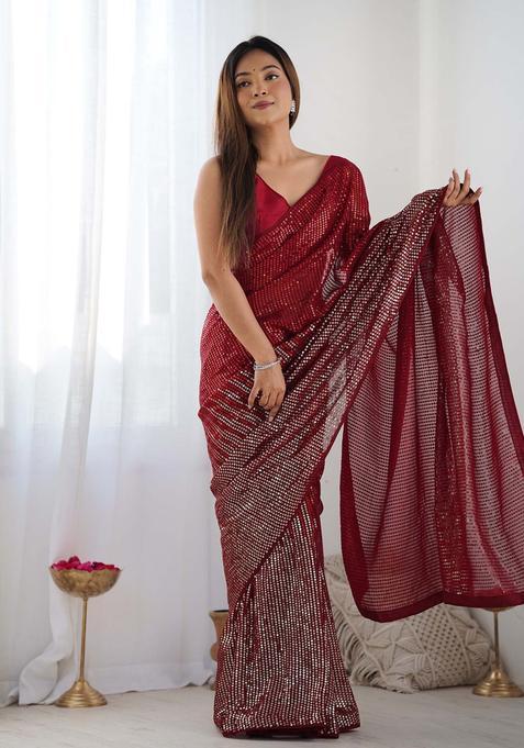 Red Sequin Work Georgette Saree Set