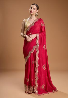 Red Embroidered Silk Blend Saree Set