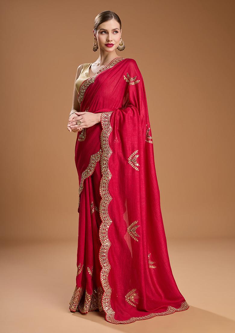 Red Embroidered Silk Blend Saree Set - Indya