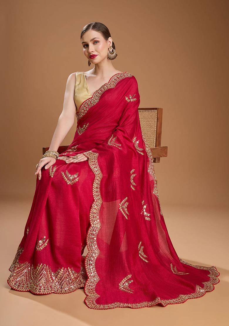 Red Embroidered Silk Blend Saree Set - Indya
