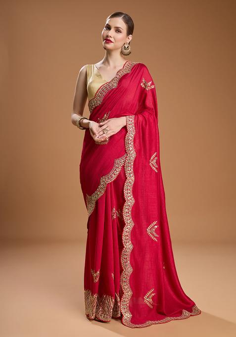 Red Embroidered Silk Saree Set