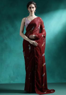 Deep Maroon Embroidered Georgette Saree Set