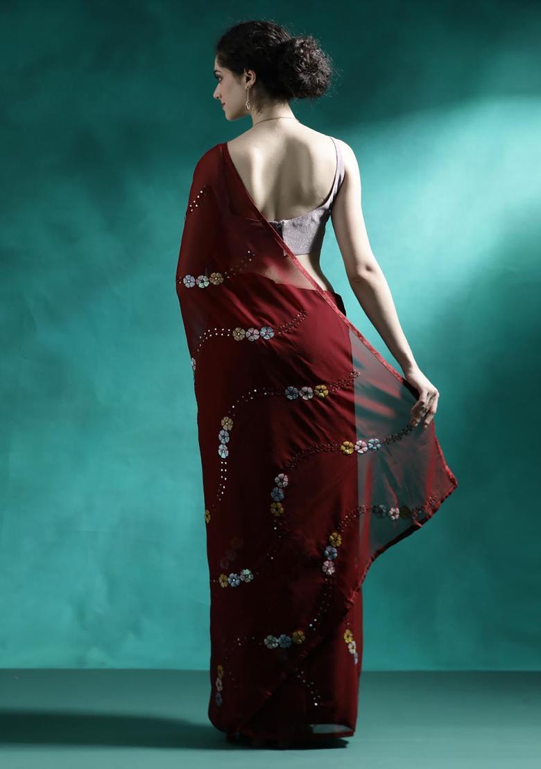 Deep Maroon Embroidered Georgette Saree Set - Indya