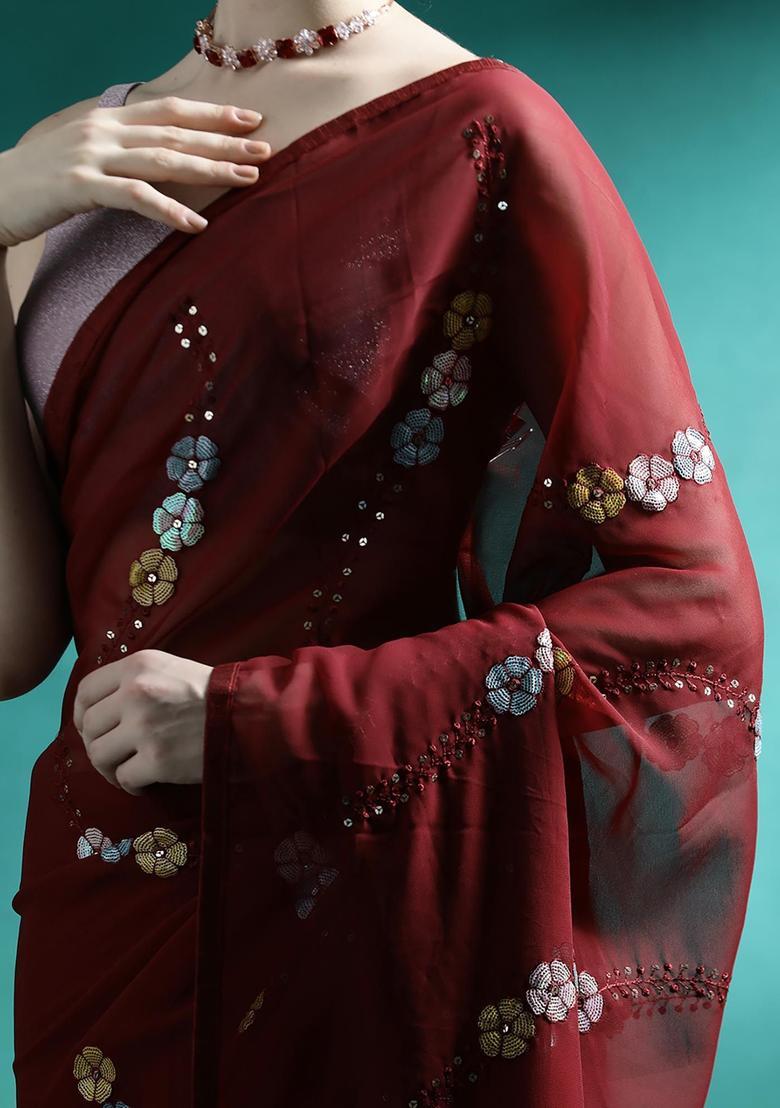 Deep Maroon Embroidered Georgette Saree Set - Indya