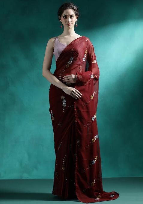 Deep Maroon Embroidered Georgette Saree Set