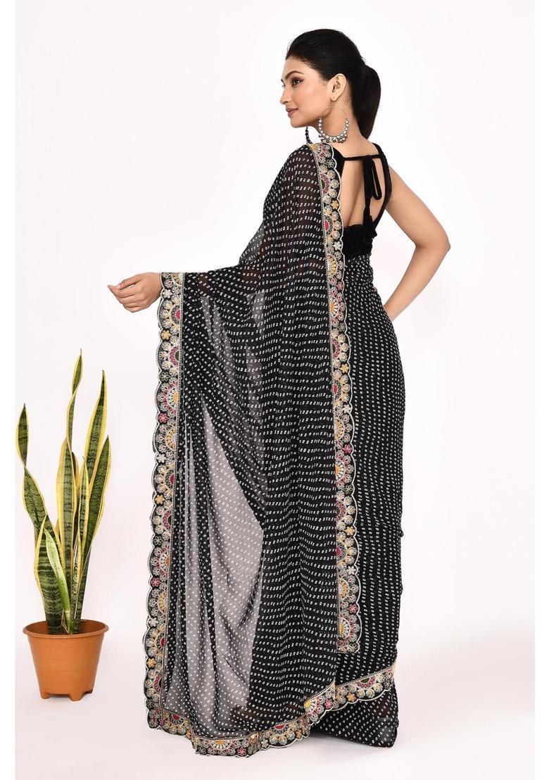 Black Embroidered Georgette Saree Set - Indya