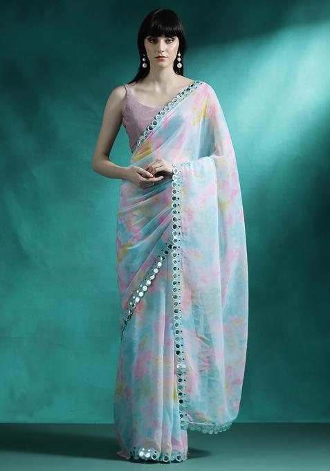 Mint Embroidered Georgette Saree Set