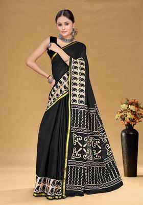 Black Printed Cotton Saree Set