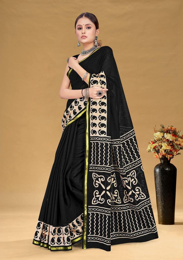 Black Printed Cotton Saree Set - Indya