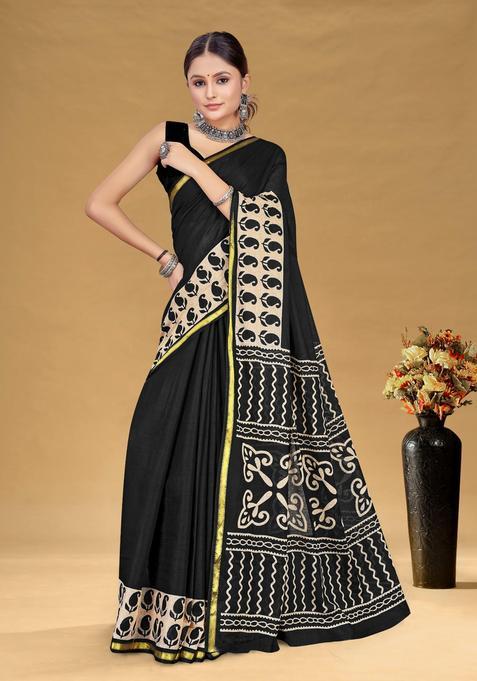 Black Printed Cotton Saree Set
