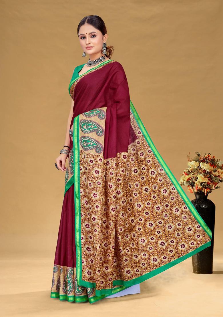 Maroon Paisley Cotton Saree Set - Indya