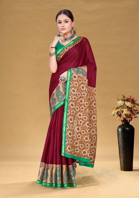 Maroon Paisley Cotton Saree Set