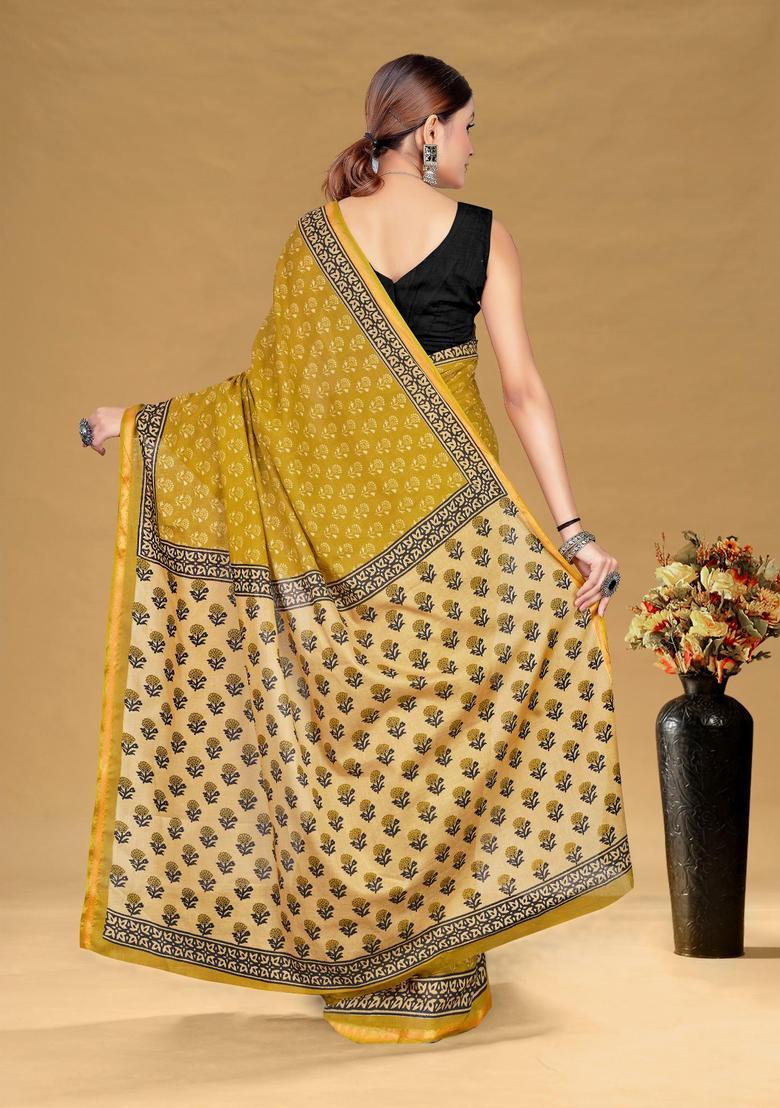 Mustard Floral Print Cotton Saree Set - Indya