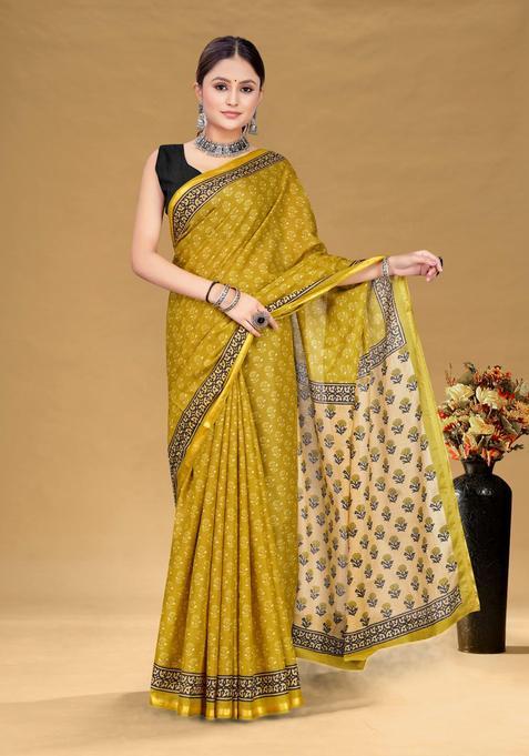 Mustard Floral Print Cotton Saree Set