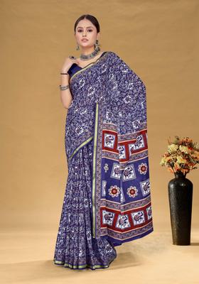 Blue Floral Print Cotton Saree Set