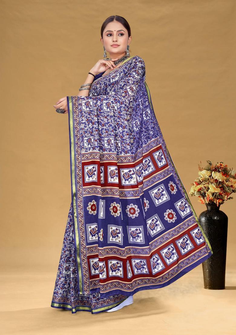 Blue Floral Print Cotton Saree Set - Indya