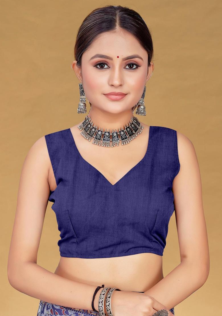 Blue Floral Print Cotton Saree Set - Indya