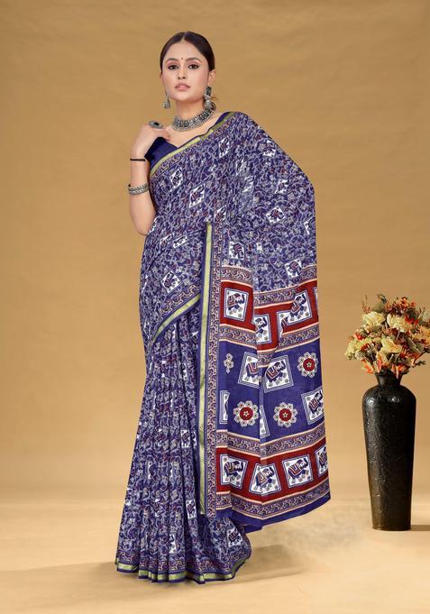 Blue Floral Print Cotton Saree Set