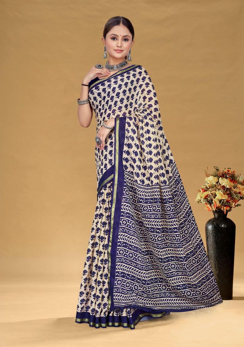 Beige Printed Cotton Saree Set - Indya