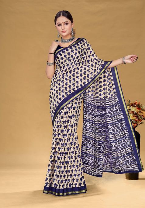 Beige Printed Cotton Saree Set