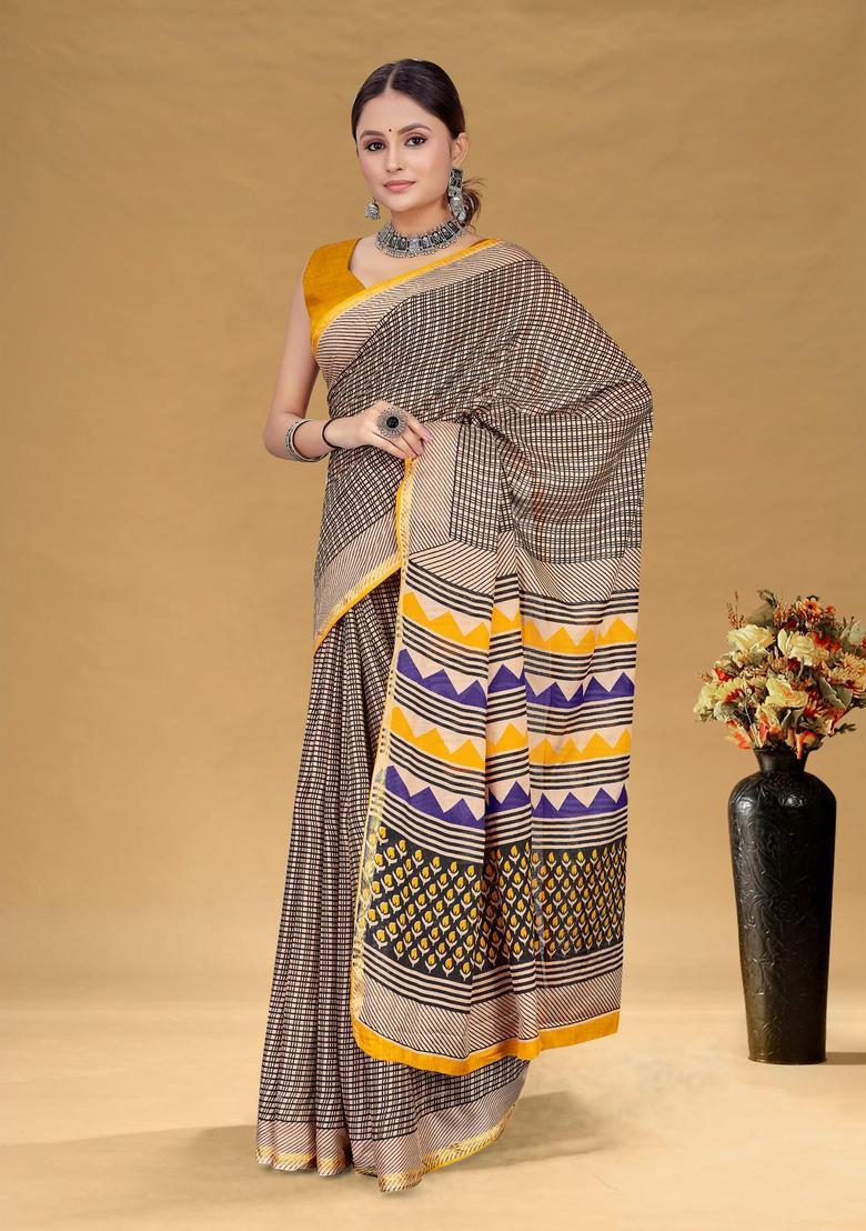 Black Checked Cotton Saree Set - Indya