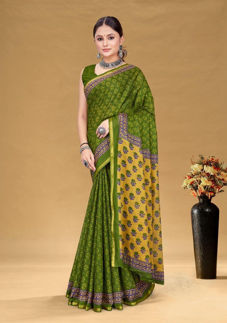 Green Floral Print Cotton Saree Set - Indya