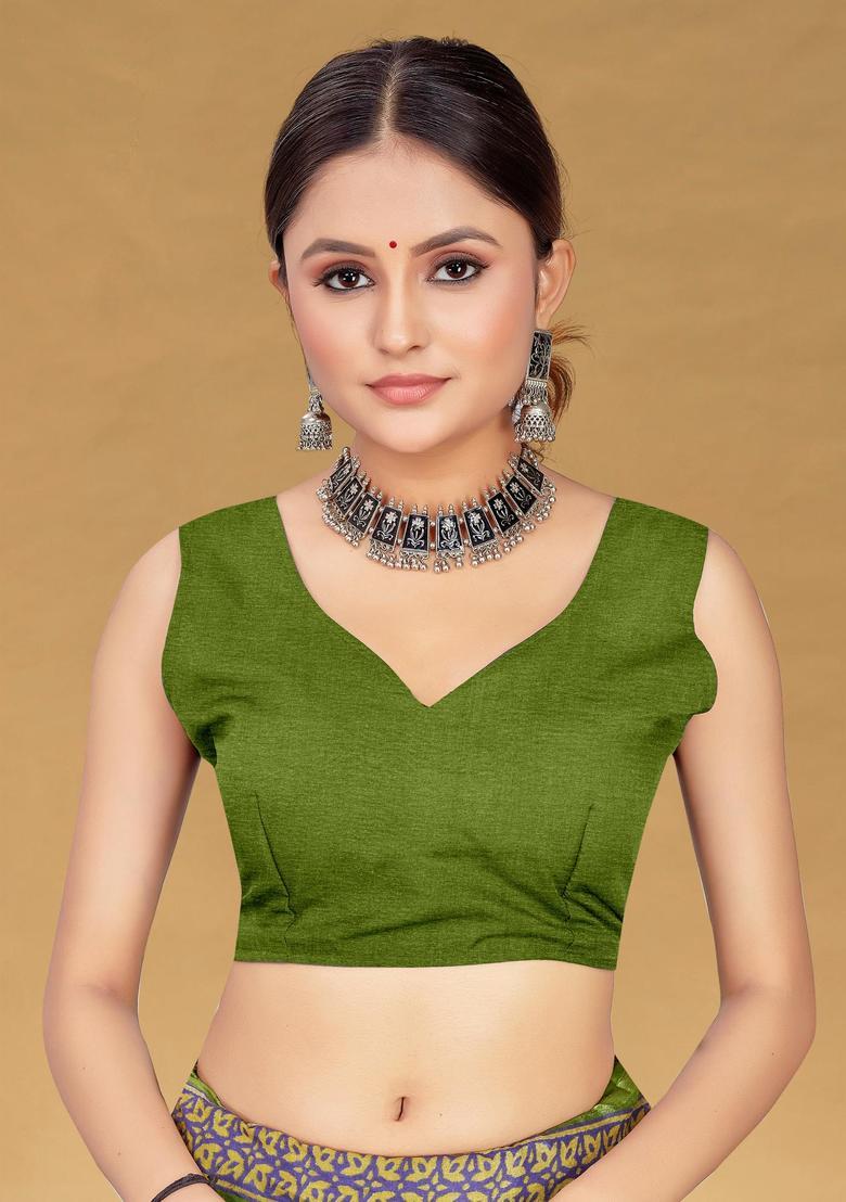 Green Floral Print Cotton Saree Set - Indya